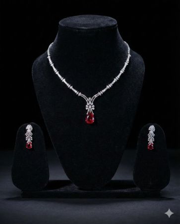 Crimson Dewdrop Solitaire Necklace Set
